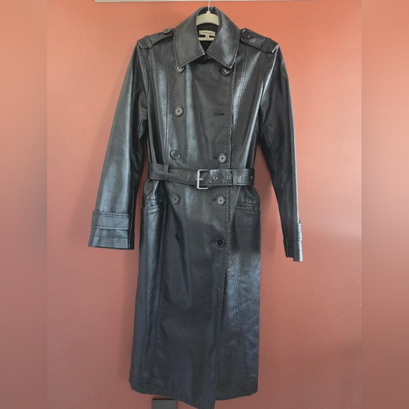 Max Studio Jackets & Blazers - Max Studio Black Faux Leather Long Trench Coat Belted Matrix Style Size S